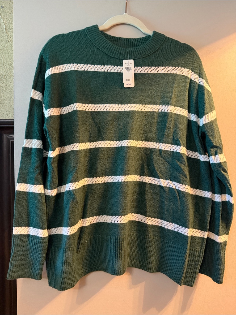 Womens Green Striped Crewneck Sweater - size XXS